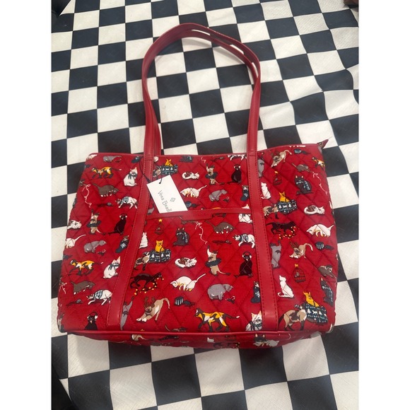 Vera Bradley Tote Bag Cats Meow Print Red Quilted Handbag Purse - Picture 1 of 8